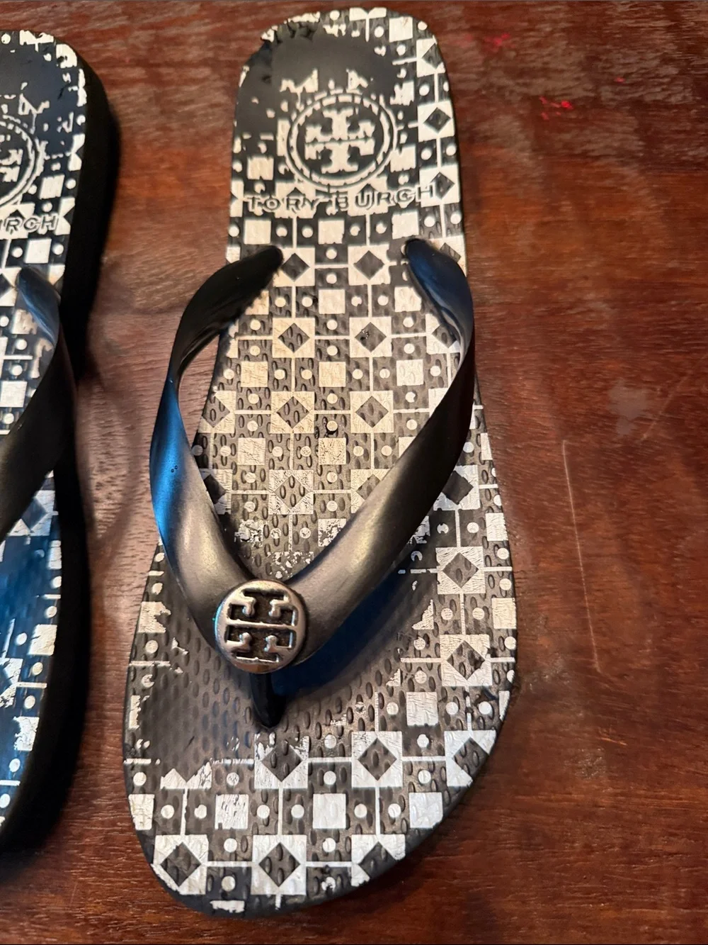 Tory Burch Black and White Logo Thong Sandals